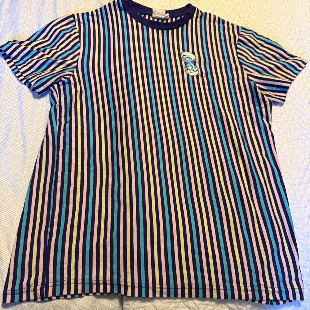 Smurfs Striped Top Size Small S Top Shirt Short Sleeve Blue Pink Embroidered